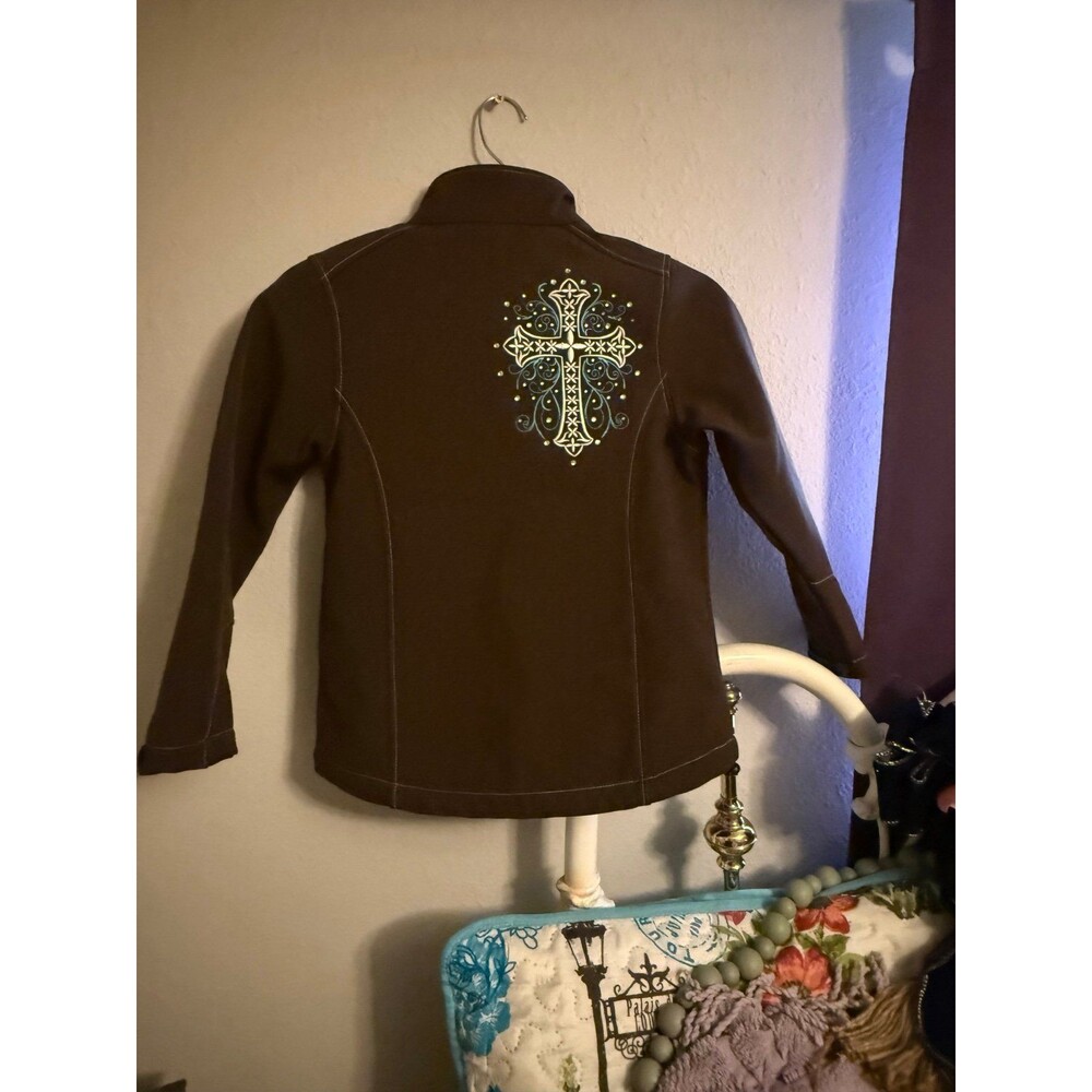 Cowgirl Hardware Girls 7/8 Jacket Brown Western Cross Embroidered Softshell - Picture 6 of 9